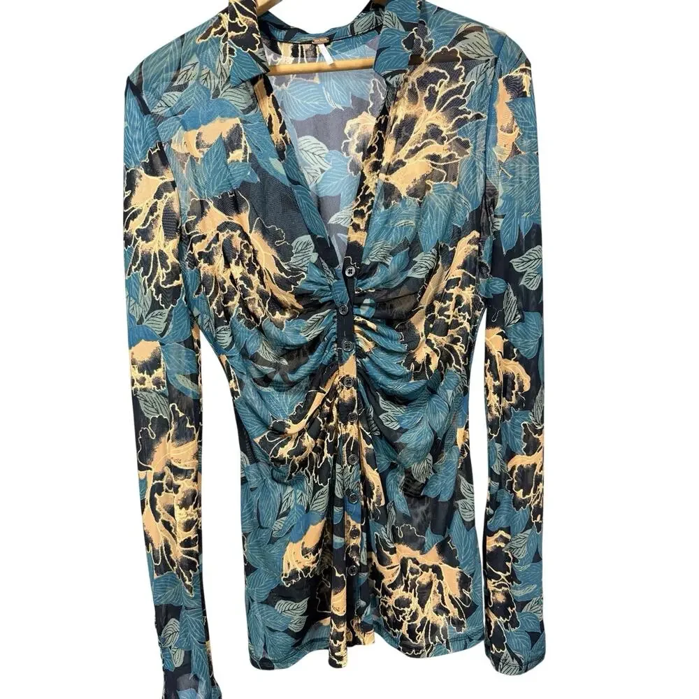 Free People Meant To Be Tunic Dress Floral Ruched V Neck Blue Womens Size Med